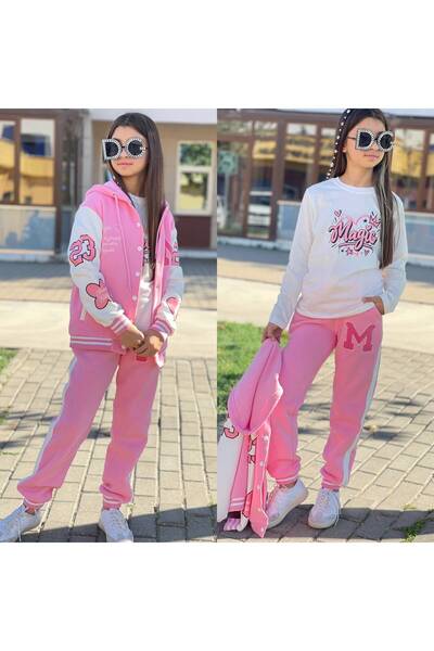 Kız Çocuk 3 İplik Nakışlı Kolej Ceketli Baskılı 3'lü Takım - Kapüşonlu Sweatshirt %100 Pamuklu Alt Üst Takım