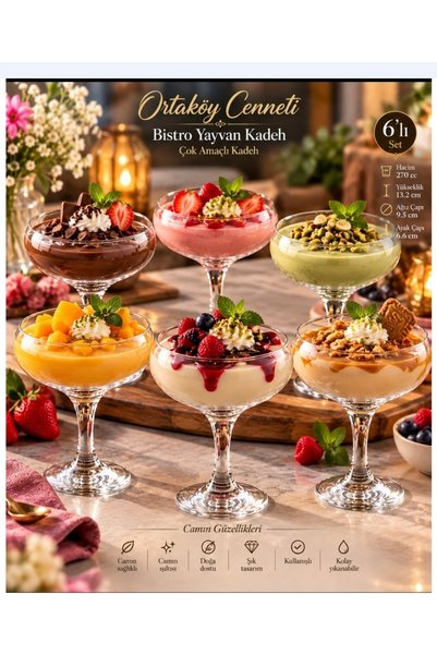 Paşabahçe 44136 Bıstro 6 Lı Ayaklı Meşrubat Bardağı 270 Cc ağzı. 5 cm taban 6...