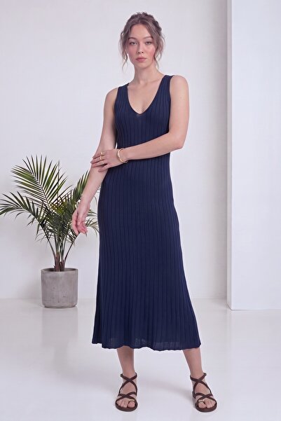 zks grup tekstil Women's V-Neck Thick Strap Ribbed Knitwear Midi Dress Anthra...