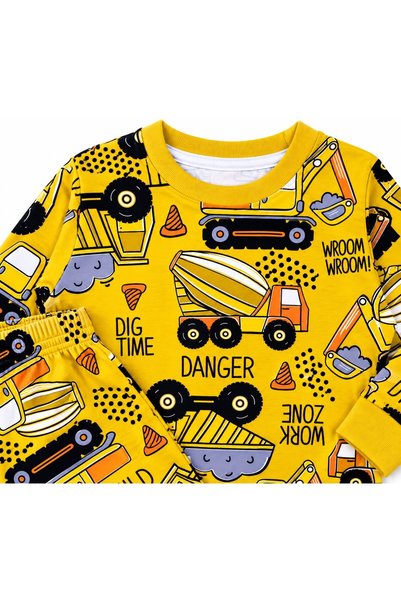 ALİŞ KİDS Boy's 100% Cotton Mustard Color Work Machine Scoop Patterned Long Sleeve Pajama Set