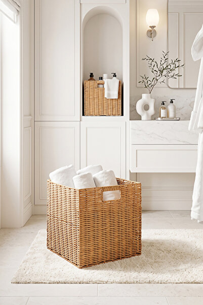 Ocean Home Textile 2'li Yıkanabilir Bej PP Rattan Dolap İçi Çamaşır Çocuk Odası Oyuncak Düzenleyici Saklama Sepeti Organizer 33x33x33