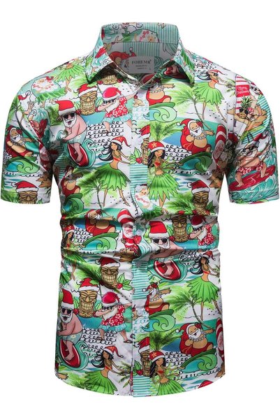 OtherMax Cămașă de Crăciun pentru Bărbați Mânecă Scurtă Multicolor Santa Surf...