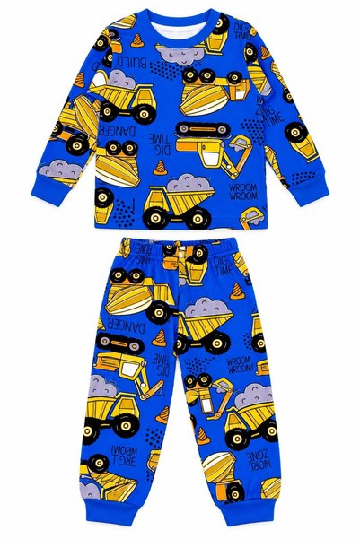 tusem butik homewear Boy's 100% Cotton Saks Blue Work Machine Bucket Patterned Long Sleeve Pajama Set
