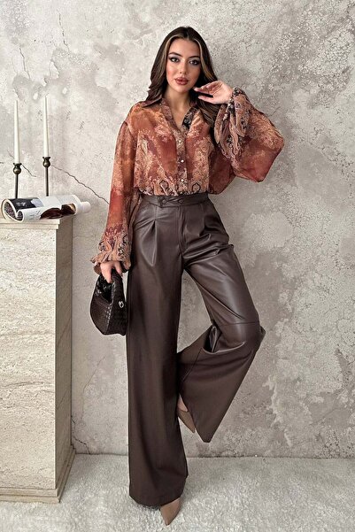 End Black Store Brown Leather Snap Fastener Trousers