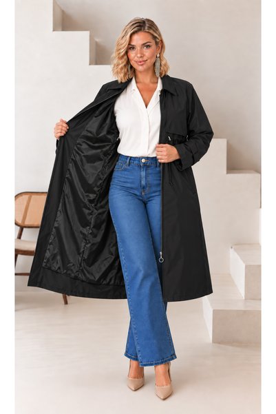 Butik Nilyam معطف نسائي كبير الحجم بحزام خصر قابل للتعديل وتفاصيل من الدانتيل ومبطّن، معطف ترنش كبير الحجم 29010
