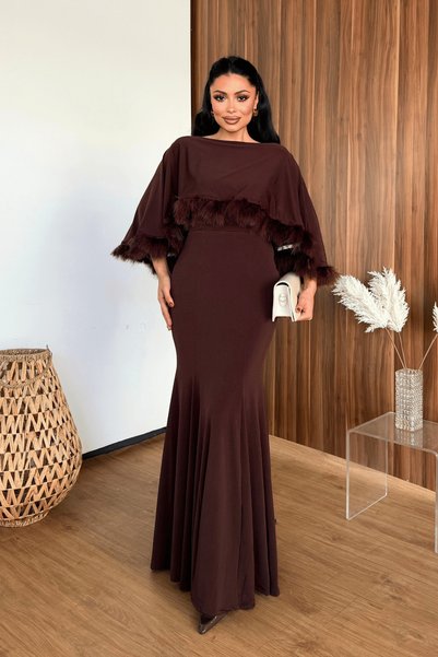 giyimmasalı Sandy Fabric Cape Detailed Dress - Brown