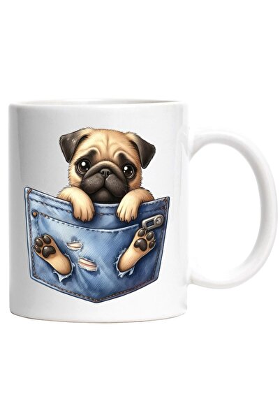 INOVATIX Cana alba personalizata,un catel Pug care a rupt un buzunar, putin s...