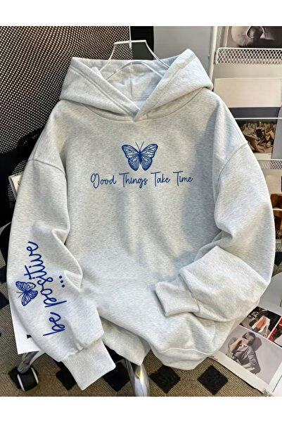 Elvino Kadın Kelebek Baskılı Kapüşonlu Şardonlu Oversize Gri Sweatshirt Hoodie
