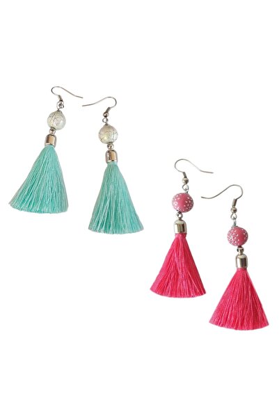 OEM Set de 2 perechi de cercei în stil boem, cu franjuri, turcoaz și fuchsia