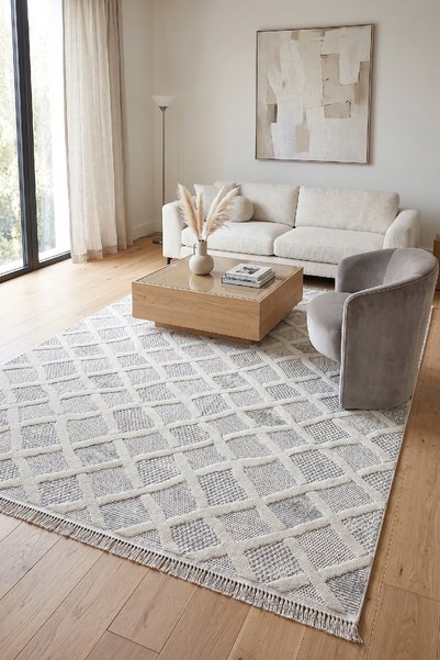 Raschel Carpet Krem Mystic Serisi Uzun Püsküllü Pamuk Tabanlı Modern Halı Yol...