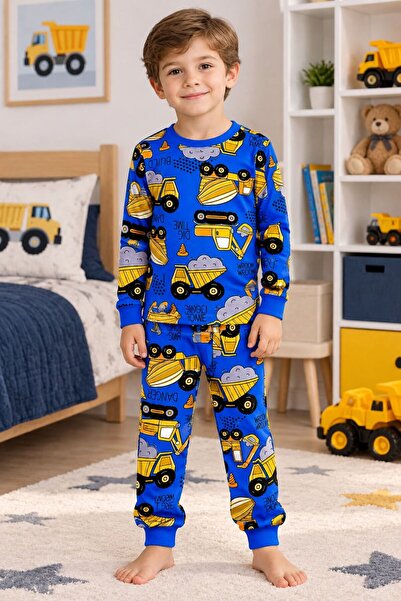 tusem butik homewear Boy's 100% Cotton Saks Blue Work Machine Bucket Patterne...