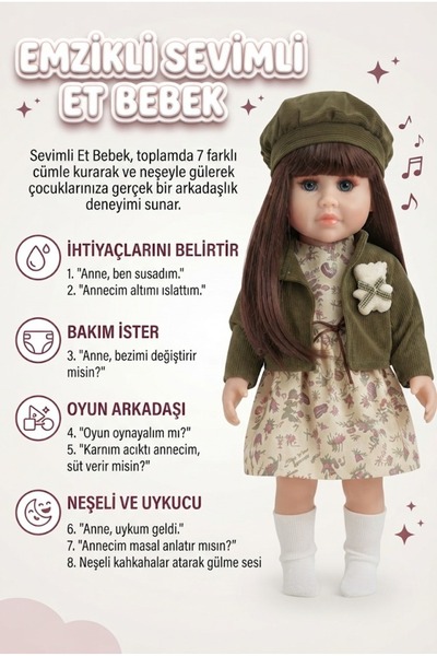 Tıfıl Toys Emzikli 50 cm %100 Et Bebek Konuşan Gerçekçi Pilli İnteraktif Eğle...