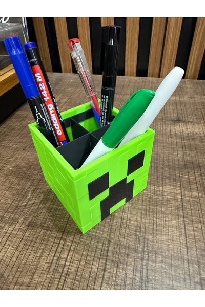 Minecraft Creeper Temalı 3D Baskı Kalem Kutusu - Yeşil ve Siyah Piksel Tasarım