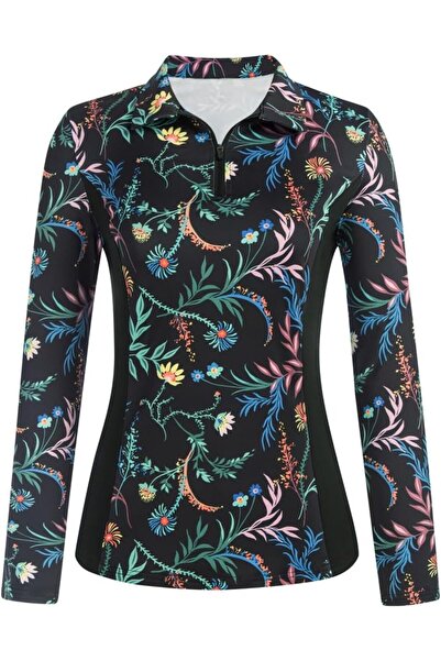 OtherMax Tricou Sport de Damă cu Mânecă Lungă și Fermoar, Imprimeu Floral Col...