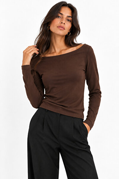 Nuevo Brown Boat Neck Long Sleeve Basic T-Shirt - Blouse -