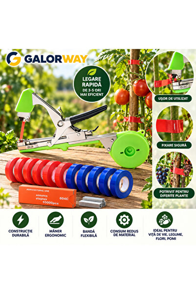 GALORWAY Plant tying device, with 10 rolls of tape and staples, Green