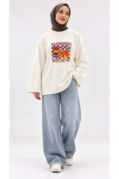 Yağızlar Giyim Kadın Beyaz Raspberries Baskılı Oysho Kumaş Oversize Tunik