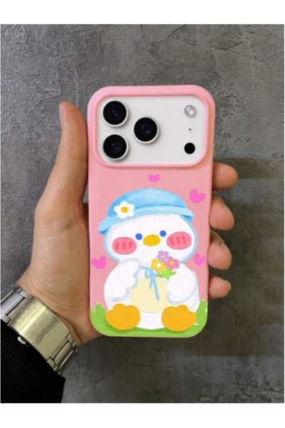 ALYACEPSTORE CASE iPhone 17 Pro Max Compatible Pink Case with Cute Duck Pattern Holding a Flower in a Blue Hat