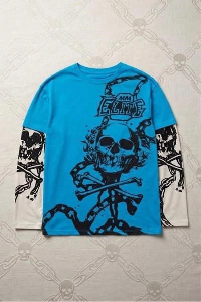 Karakedi Tricou cu mânecă lungă subțire unisex Y2K cu detaliu alb cu craniu g...