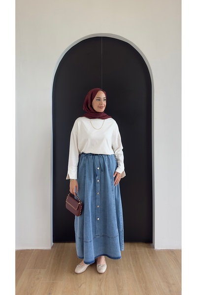 Colomer Women's Long Denim Jeans Skirt with Elastic Waist, Lace-Up, Pockets, Front Button Detail