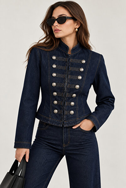 Dik yakalı denim ceket