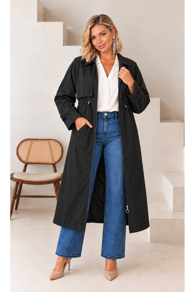 Butik Nilyam Γυναικείο παλτό μεγάλου μεγέθους με ρυθμιζόμενη μέση, λεπτομέρει...