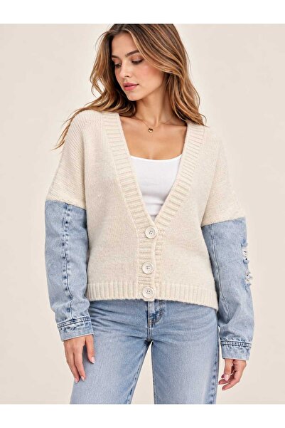 Benedetto New Season Denim Sleeves V-Neck Buttoned Oversize Knitwear Women's ...