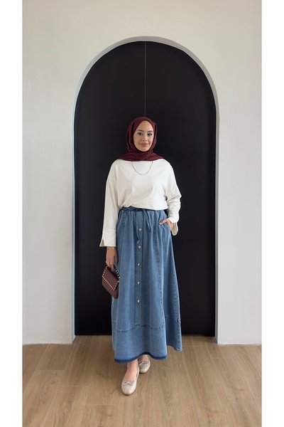 Colomer Women's Long Denim Jeans Skirt with Elastic Waist, Lace-Up, Pockets, Front Button Detail