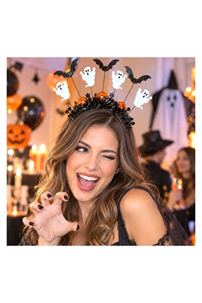 OEM Bentita de Halloween Neagra cu Beteala, Fantome si Lilieci – Detaliu Spec...
