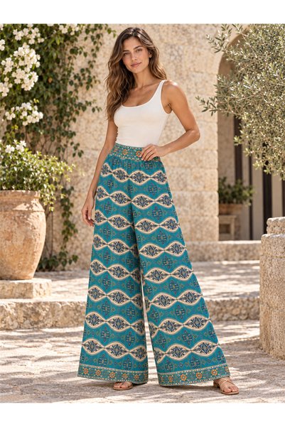 Miss Boheme Turquoise Color Ethnic Patterned Embroidered Silk Trousers with Gold Detailing and Wide Legs