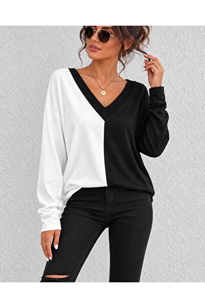 Şeker Portakalım Black and white block design v-neck long sleeve blouse
