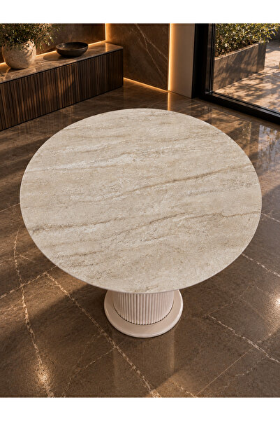 Traverten Desenli Yuvarlak Masa 90 cm MDF Vizon Bej