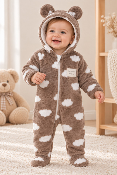 altıntop bebe Unisex Baby Brown Cloud Patterned Teddy Bear Ears Hooded Zipper...