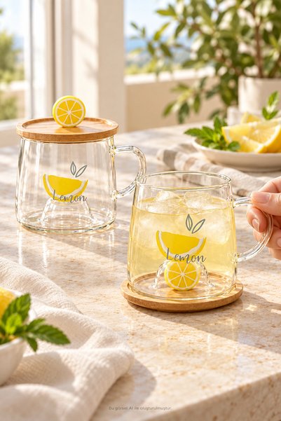 Tilbe Home 2li Bambu Kapaklı Limon Meyve Figürlü Cam Bardak Baskılı Meşrubat Kupası Çay Bardağı 280 ml.