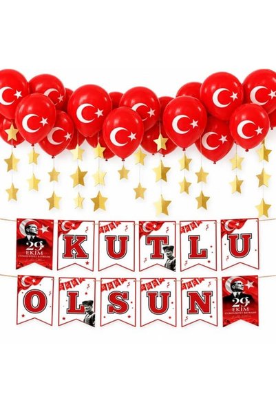 parti show 29 Ekim Cumhuriyet Bayramı Balonlu ve Gold Yıldızlı Süsleme Seti