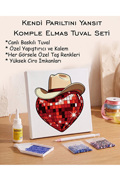 Toptan Elmas Mozaik Tuval Seti - Kovboy Şapkalı Kalp