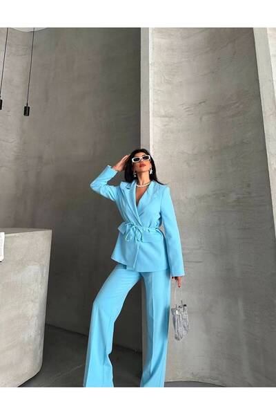 RAMSEYZ STYLE Blazer ceketli astarlı İp Bağlama Detaylı Pantolonlu Esnek pamuklu kumaş kadın TAKIM ELBİSE