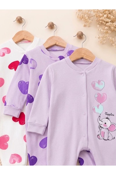 Valia Baby Heart Patterned Cotton Baby Girl Three-Piece Jumpsuit Set