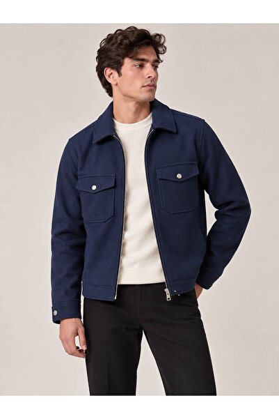 LTC Jeans Men's Navy Blue Collared Double Pocket Lined Cashmere Coat Jacket