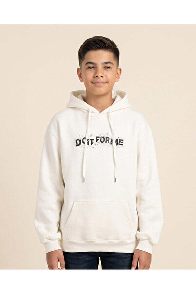 REDTAG Senior Boys White Printed Hooded Sweatshirt
