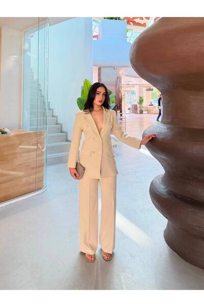 ELYOS STYLE GOLD DÜĞME DETAYLI BLAZER ASTARLI CEKETLİ ESNEK KUMAŞLI PANTOLONLU ŞIK KADIN TAKIM MEZUNİYET DÜĞÜN BALO VB
