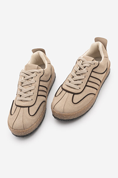 Marjin Kadın Retro Sneaker Süet Görünümlü Bağcıklı Günlük Spor Ayakkabı Veyran Bej Süet
