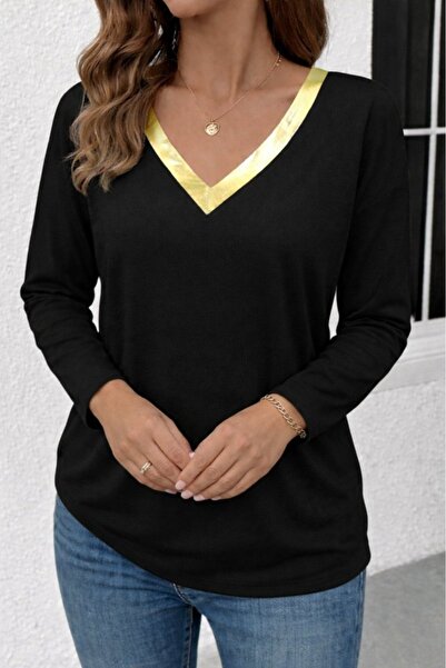 MYSSHOES Women's Long Sleeve V Bright Collar Detailed Viscose Blouse