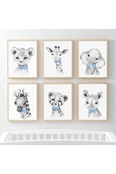 tablomaxtbx Cute Blue Bow Tie Baby Animals 6-Piece Frame Look Mdf Painting Se...