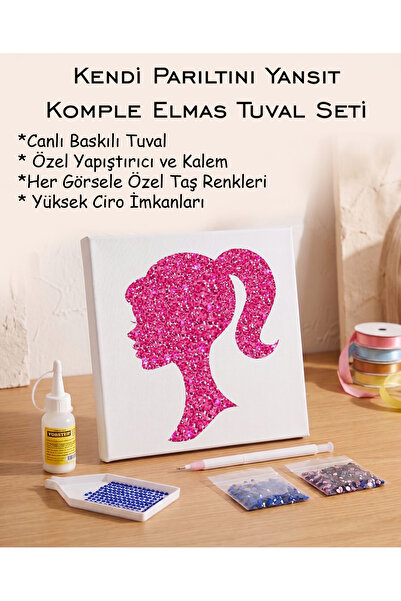 Toptan Elmas Mozaik Tuval Seti - Pembe Kız Silueti
