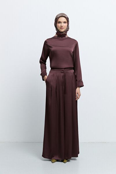 Tuğba Pile Detaylı Rahat Kesim Pantolon - Mürdüm