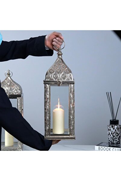 Al Hadaya Mall فانوس رمضان فاخر مع علاقة تعليق - فضي - 18x50 سم