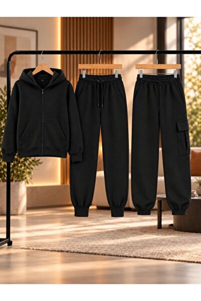 cm buseyiz Busekids Unisex 3'lü Set | Fermuarlı Kapüşonlu Ceket Takım + Kargo Cepli Alt