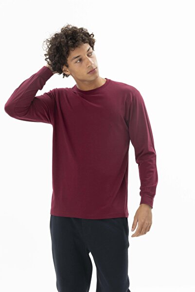 KLY Men's Plum Long Sleeve Crew Neck Plain Basic T-Shirt C3T2N5-T