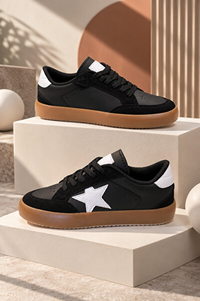 Tonny Black Unisex Siyah Beyaz Termo Taban Rahat Kalıp Bağcıklı Sneaker